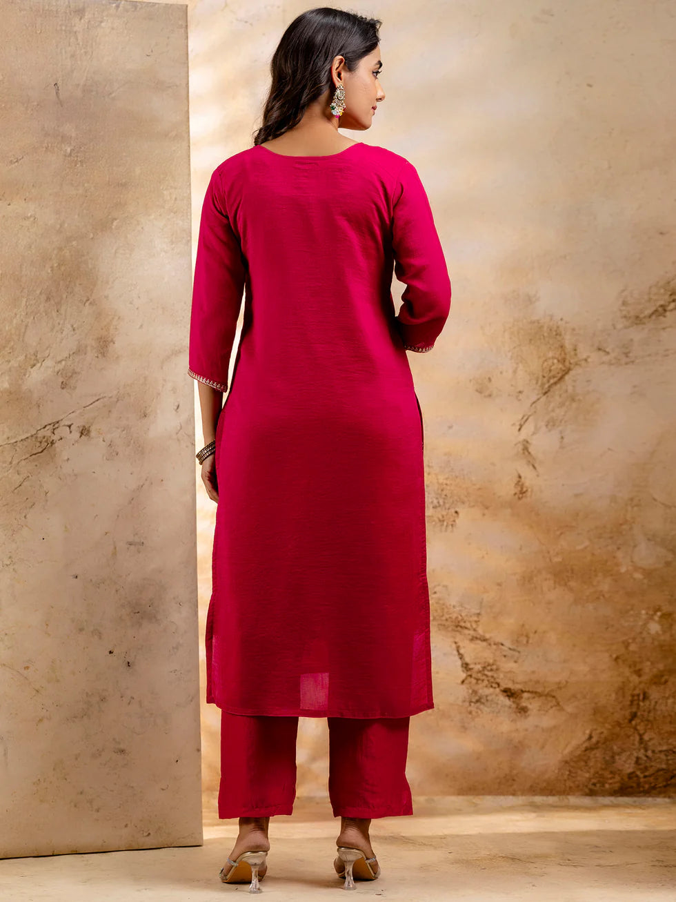 Floral Embroidered Silk Blend Round Neck Kurta Trouser & Dupatta Set