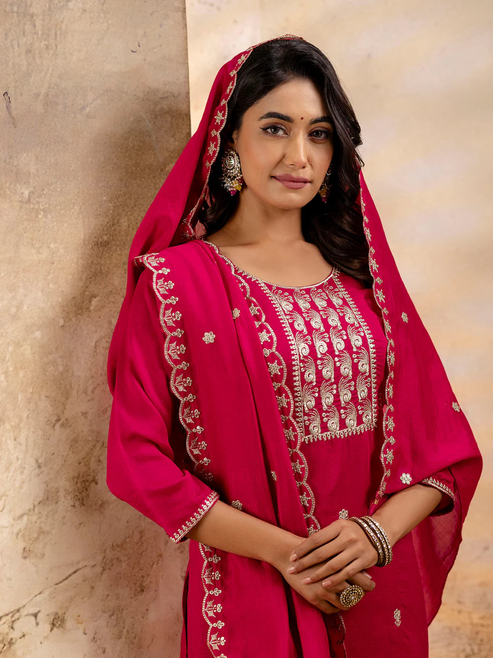 Floral Embroidered Silk Blend Round Neck Kurta Trouser & Dupatta Set