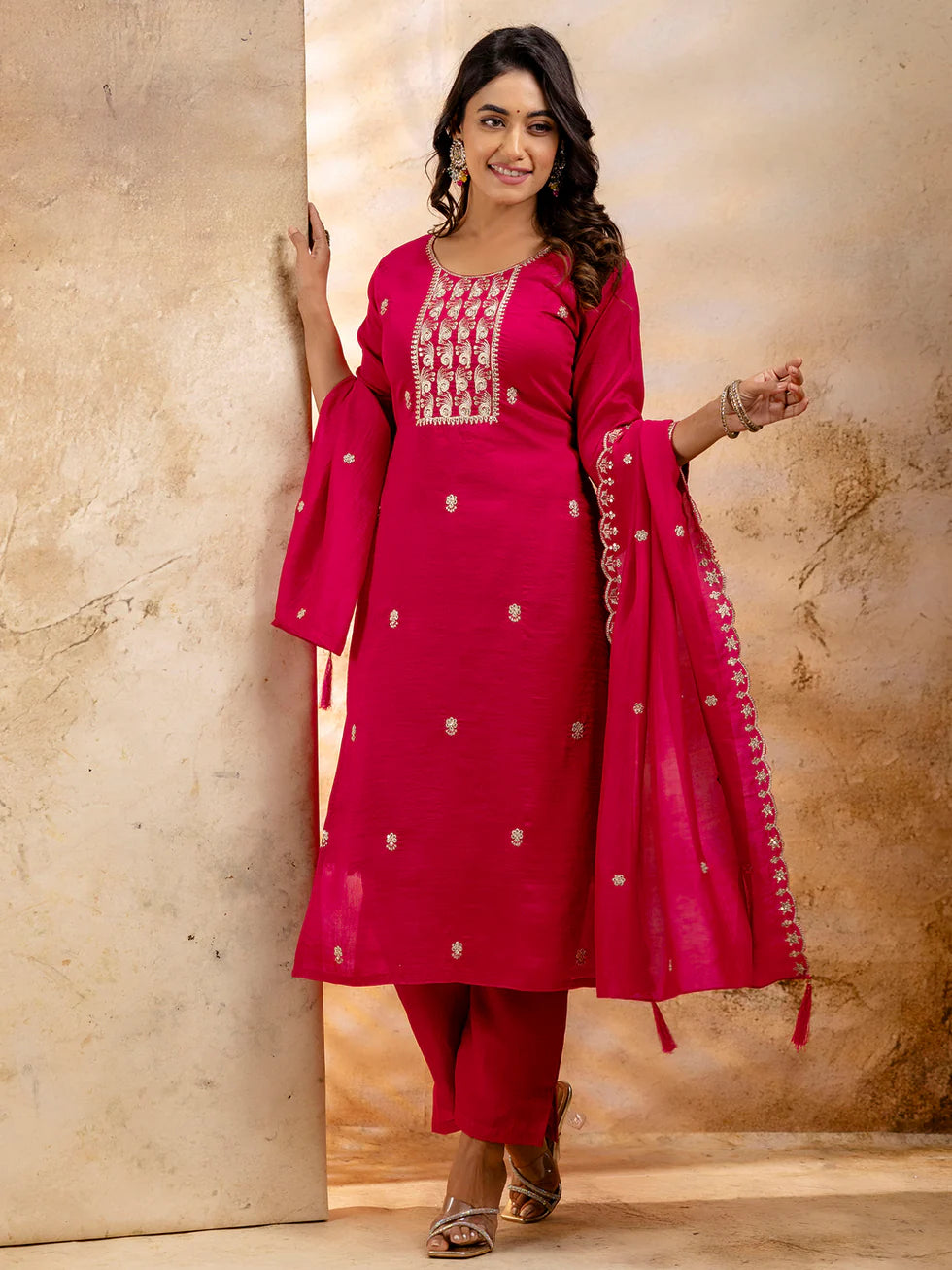 Floral Embroidered Silk Blend Round Neck Kurta Trouser & Dupatta Set
