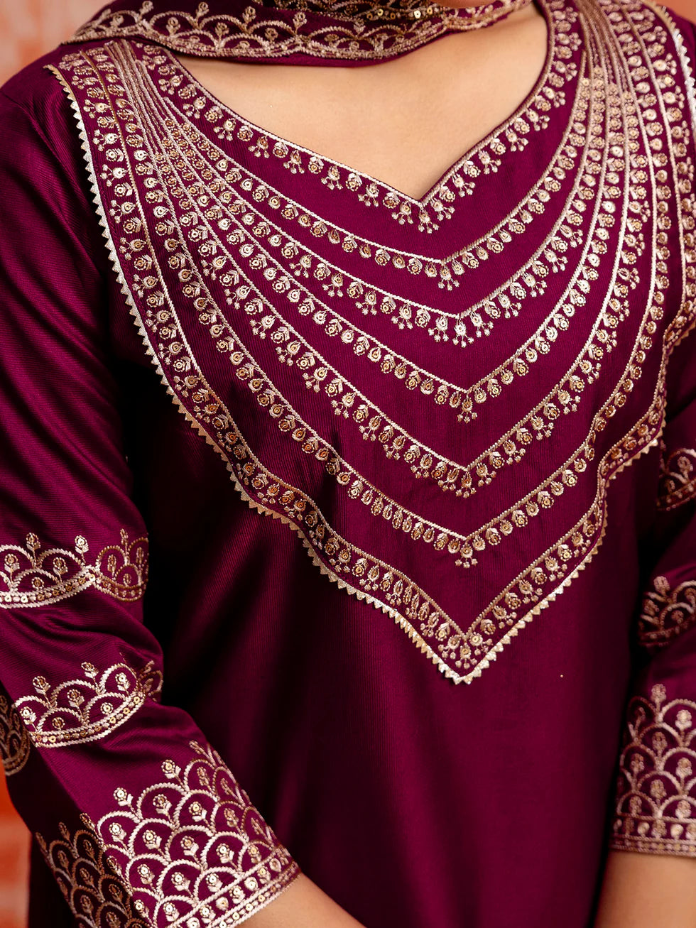 Floral embroidered viscose_rayon v_neck Kurta Trouser & Dupatta Set