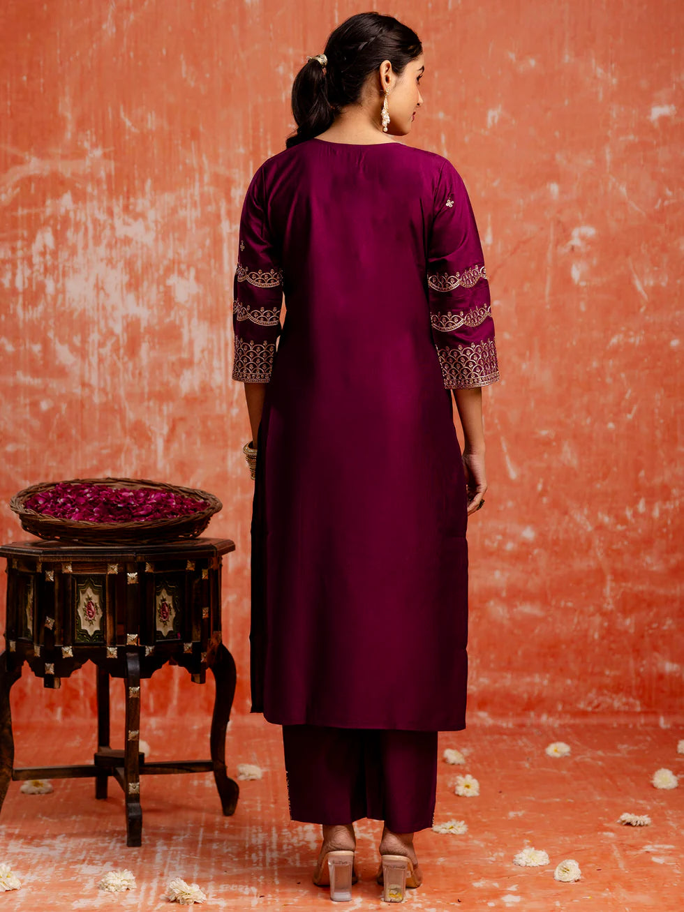 Floral embroidered viscose_rayon v_neck Kurta Trouser & Dupatta Set