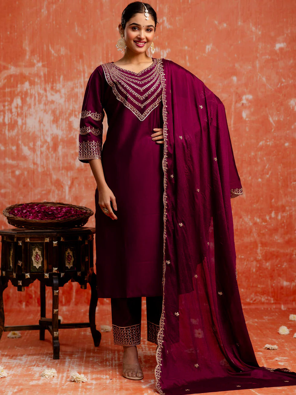 Floral embroidered viscose_rayon v_neck Kurta Trouser & Dupatta Set