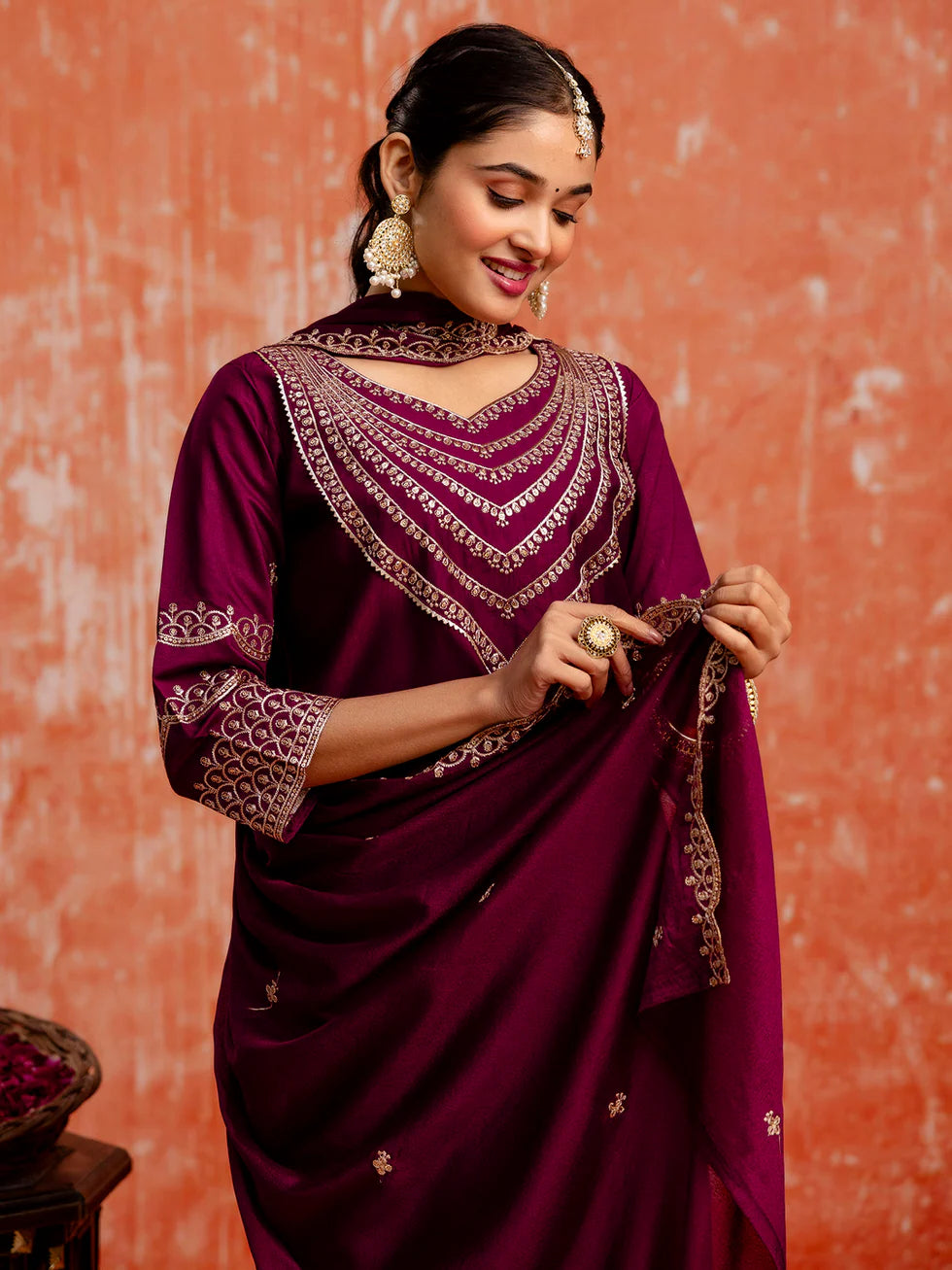 Floral embroidered viscose_rayon v_neck Kurta Trouser & Dupatta Set
