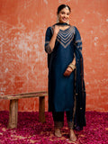 Floral embroidered Viscose_Rayon V_neck Kurta Trouser & Dupatta Set