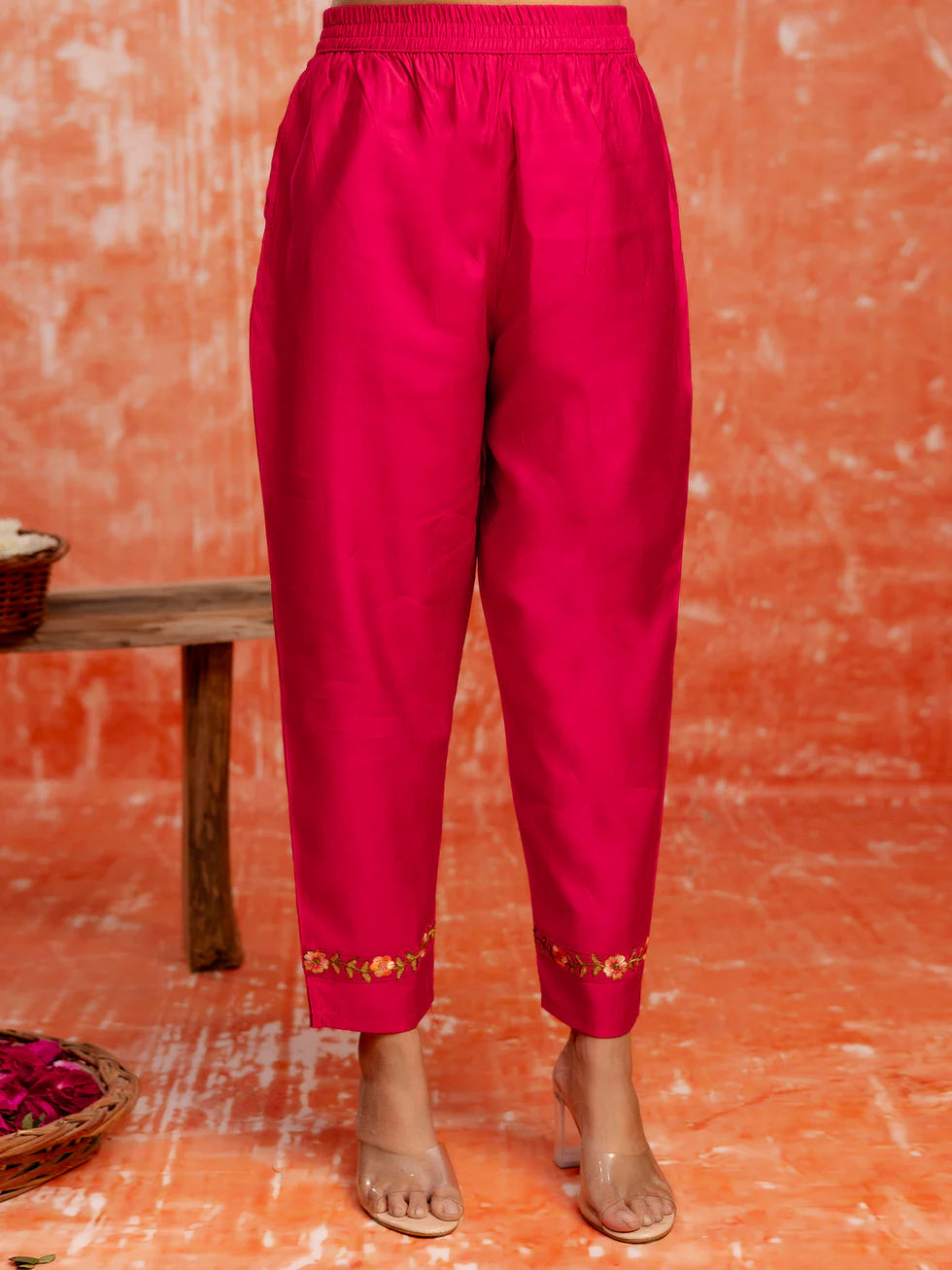 Floral Embroidered Viscose_Rayon V_Neck Kurta Trouser & Dupatta Set