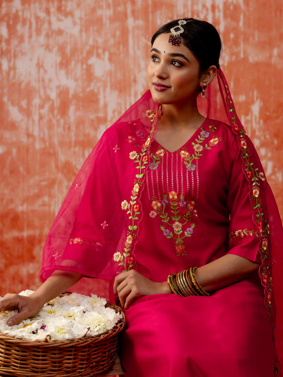 Floral Embroidered Viscose_Rayon V_Neck Kurta Trouser & Dupatta Set