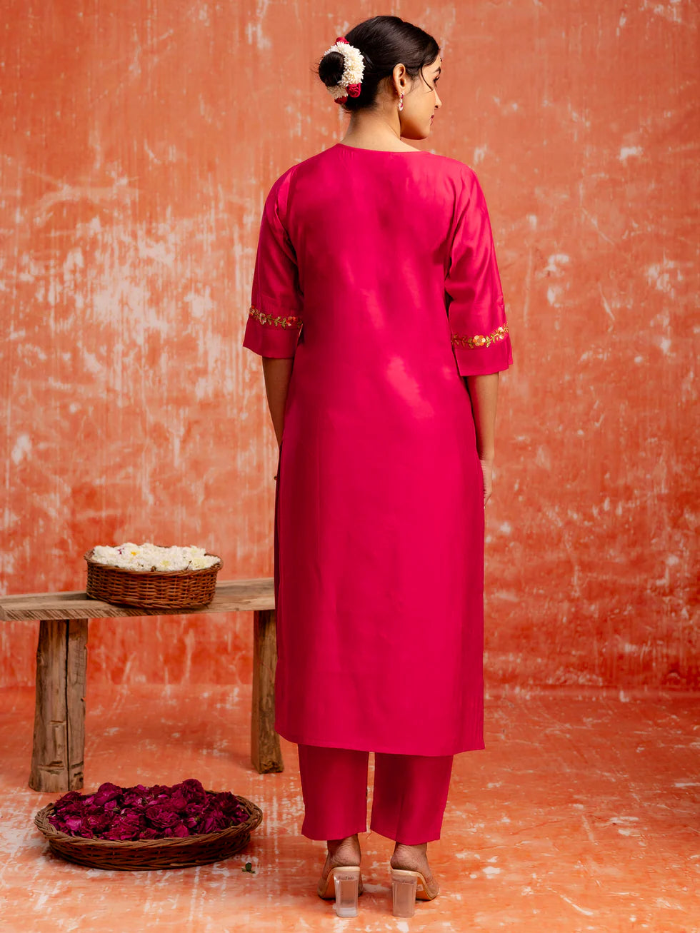 Floral Embroidered Viscose_Rayon V_Neck Kurta Trouser & Dupatta Set