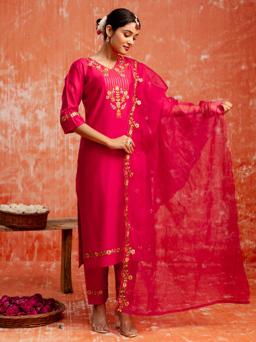 Floral Embroidered Viscose_Rayon V_Neck Kurta Trouser & Dupatta Set