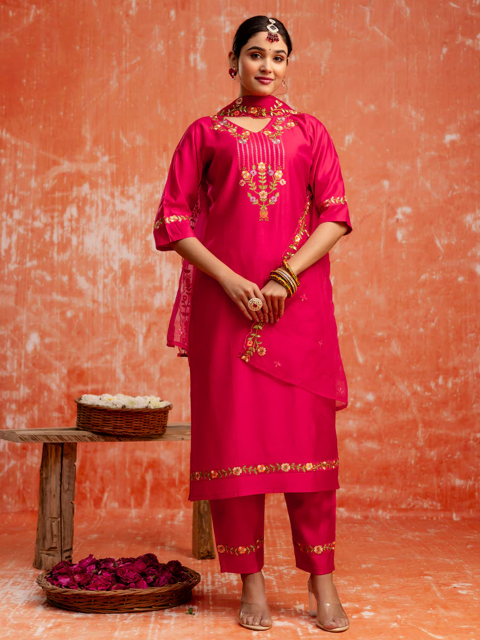 Floral Embroidered Viscose_Rayon V_Neck Kurta Trouser & Dupatta Set