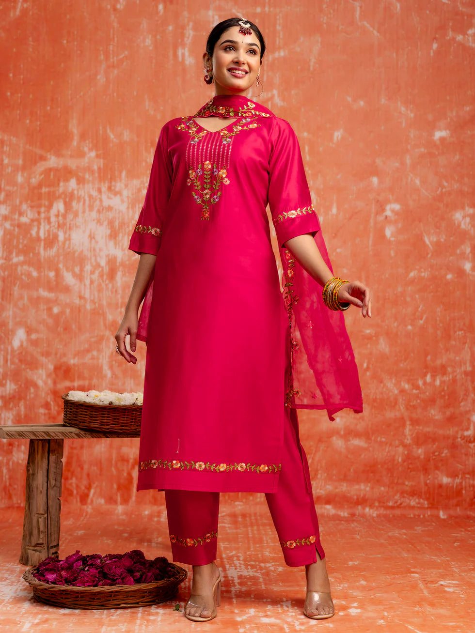 Floral Embroidered Viscose_Rayon V_Neck Kurta Trouser & Dupatta Set