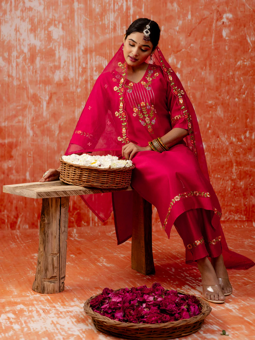 Floral Embroidered Viscose_Rayon V_Neck Kurta Trouser & Dupatta Set