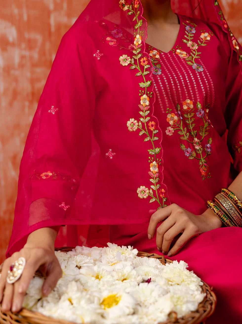 Floral Embroidered Viscose_Rayon V_Neck Kurta Trouser & Dupatta Set