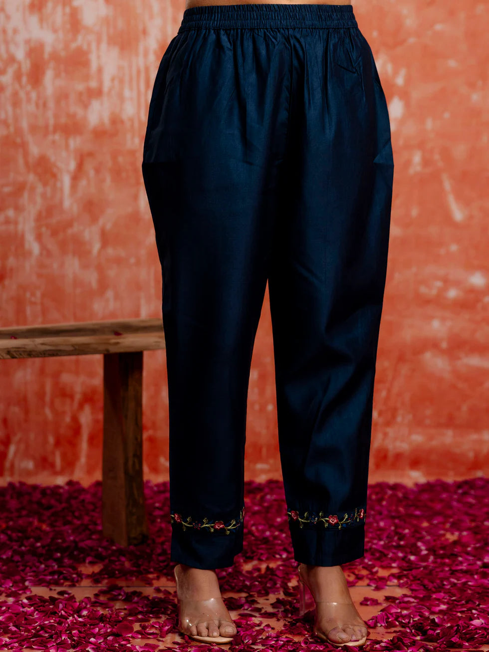 Floral Embroidered Viscose_Rayon V_Neck Kurta Trouser & Dupatta Set