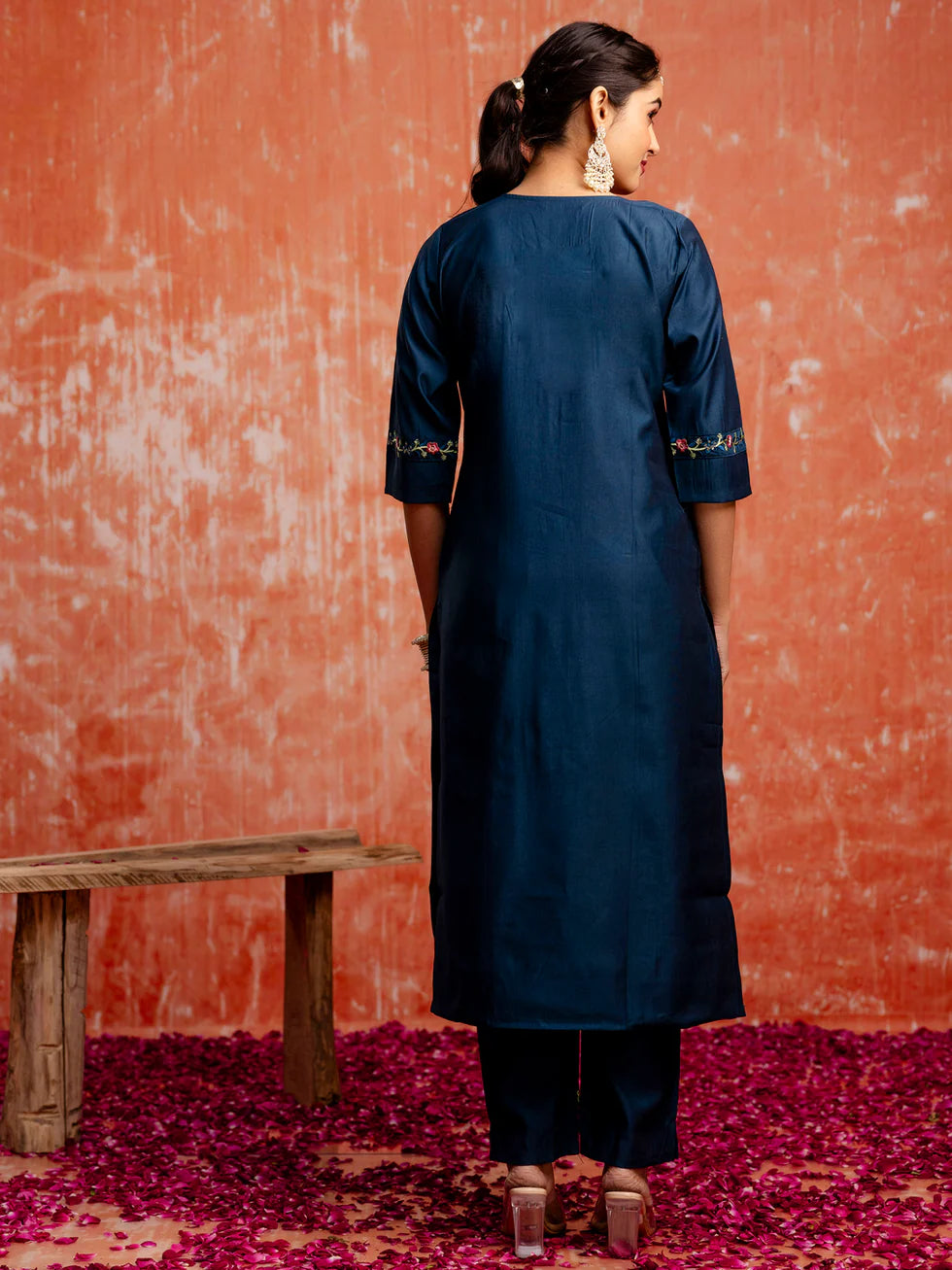 Floral Embroidered Viscose_Rayon V_Neck Kurta Trouser & Dupatta Set