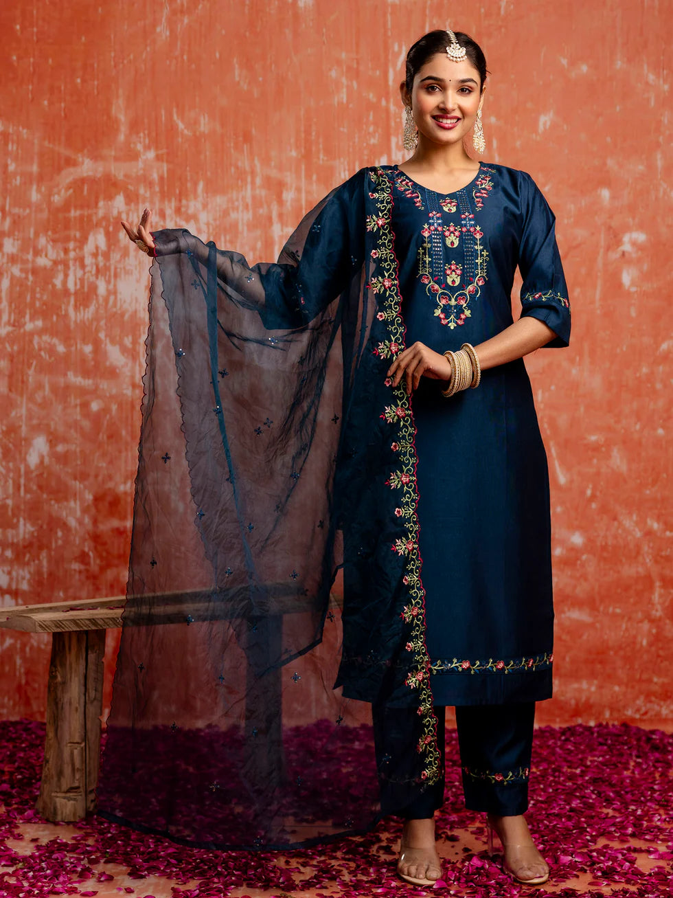 Floral Embroidered Viscose_Rayon V_Neck Kurta Trouser & Dupatta Set