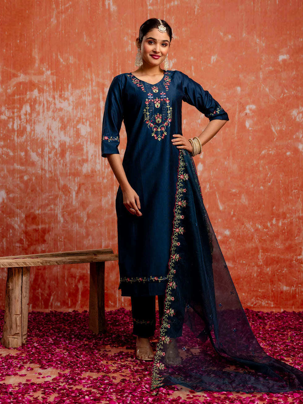 Floral Embroidered Viscose_Rayon V_Neck Kurta Trouser & Dupatta Set