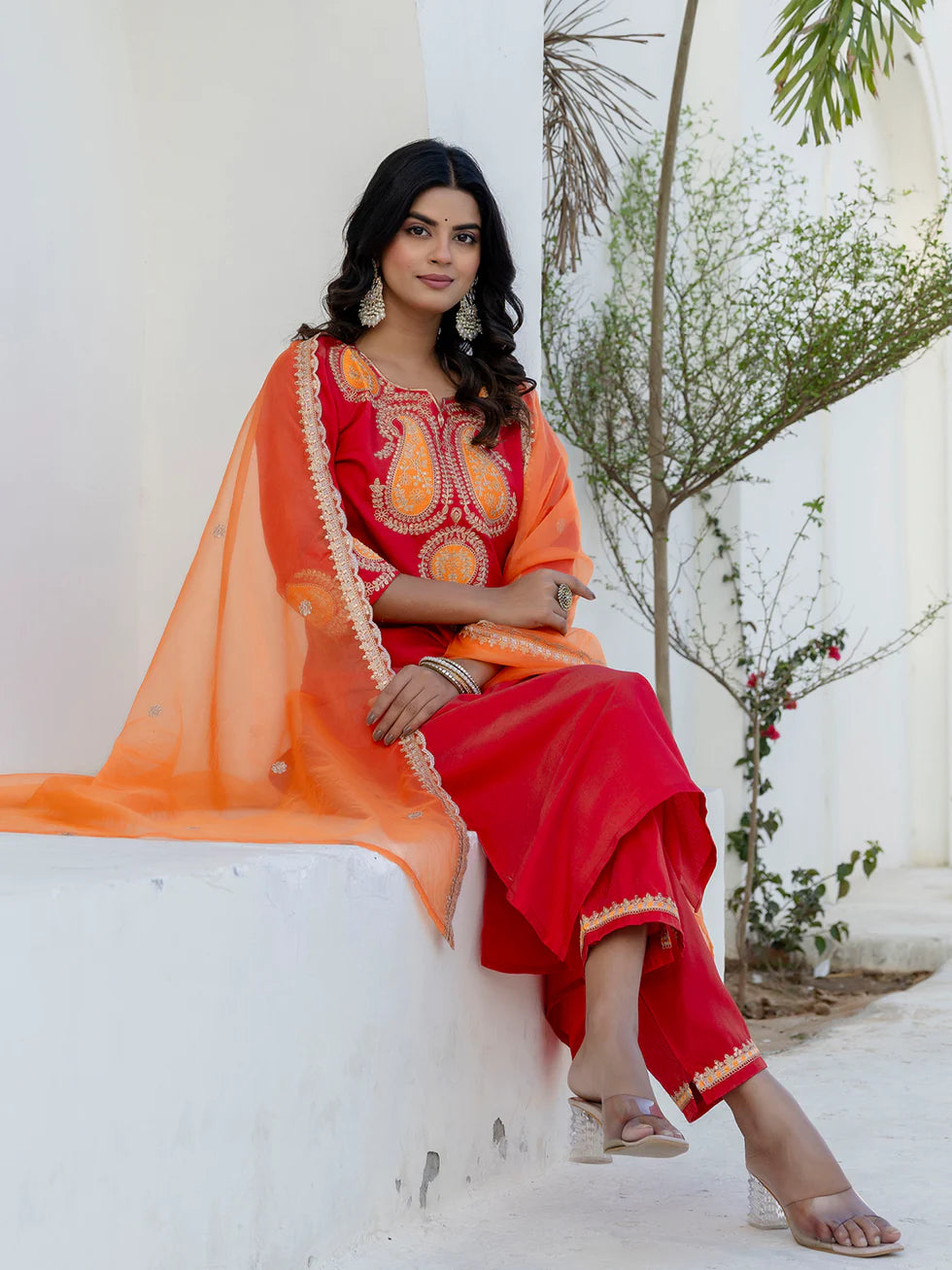 Floral Embroidered Pure Cotton Round Neck Kurta Trouser And Dupatta Set