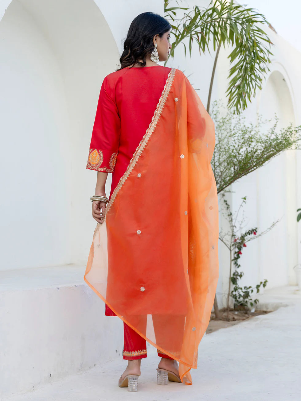 Floral Embroidered Pure Cotton Round Neck Kurta Trouser And Dupatta Set