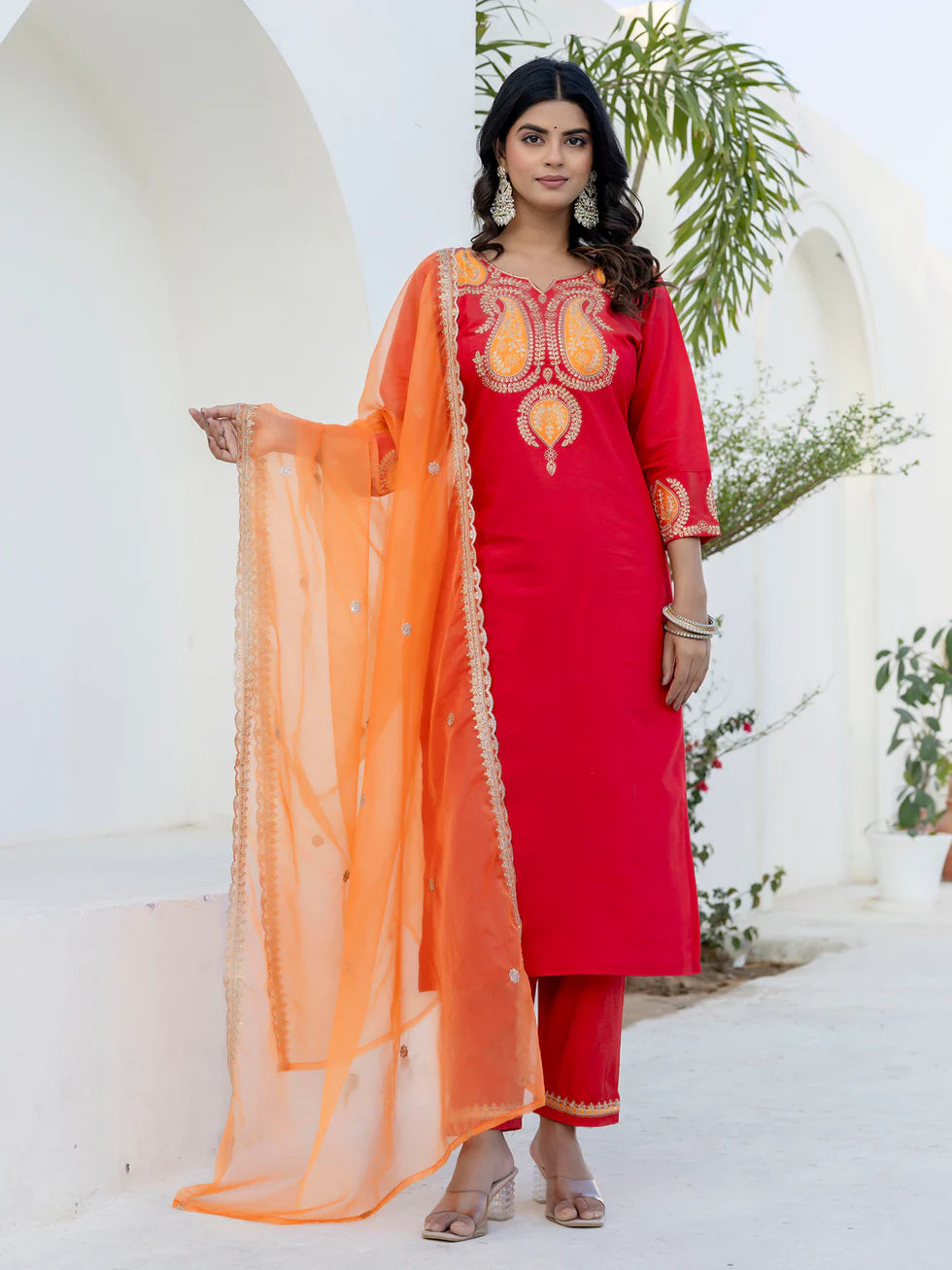 Floral Embroidered Pure Cotton Round Neck Kurta Trouser And Dupatta Set