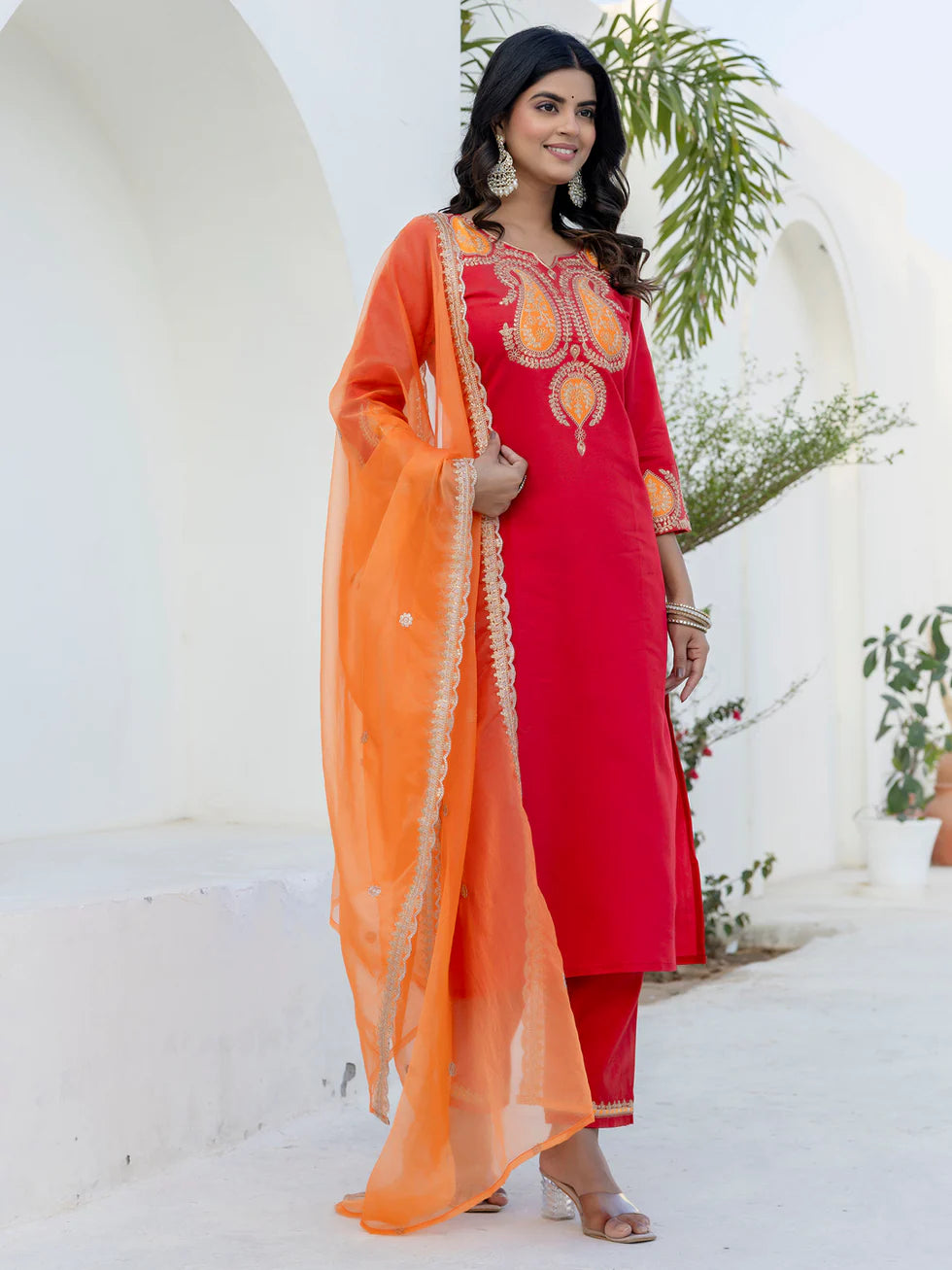 Floral Embroidered Pure Cotton Round Neck Kurta Trouser And Dupatta Set