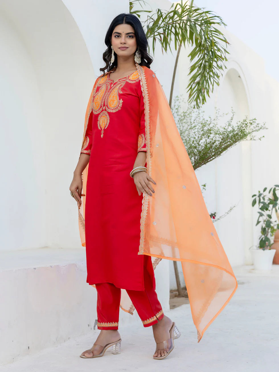 Floral Embroidered Pure Cotton Round Neck Kurta Trouser And Dupatta Set