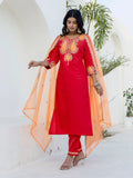 Floral Embroidered Pure Cotton Round Neck Kurta Trouser And Dupatta Set