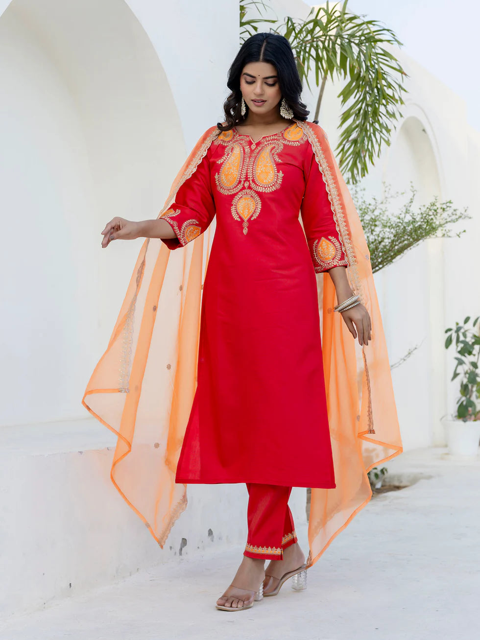 Floral Embroidered Pure Cotton Round Neck Kurta Trouser And Dupatta Set