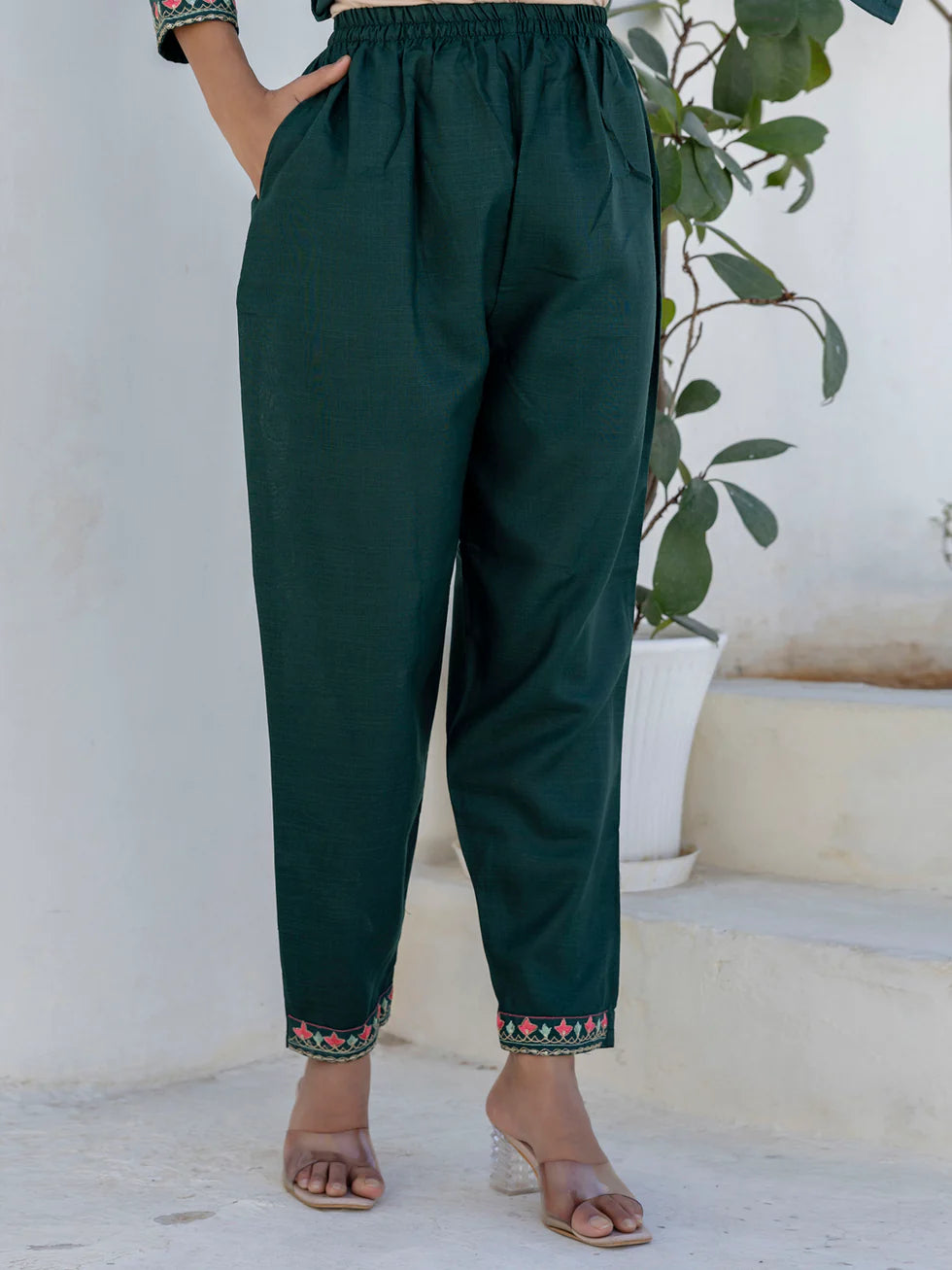 Floral Embroidered Pure Cotton Round Neck Kurta Trouser And Dupatta Set