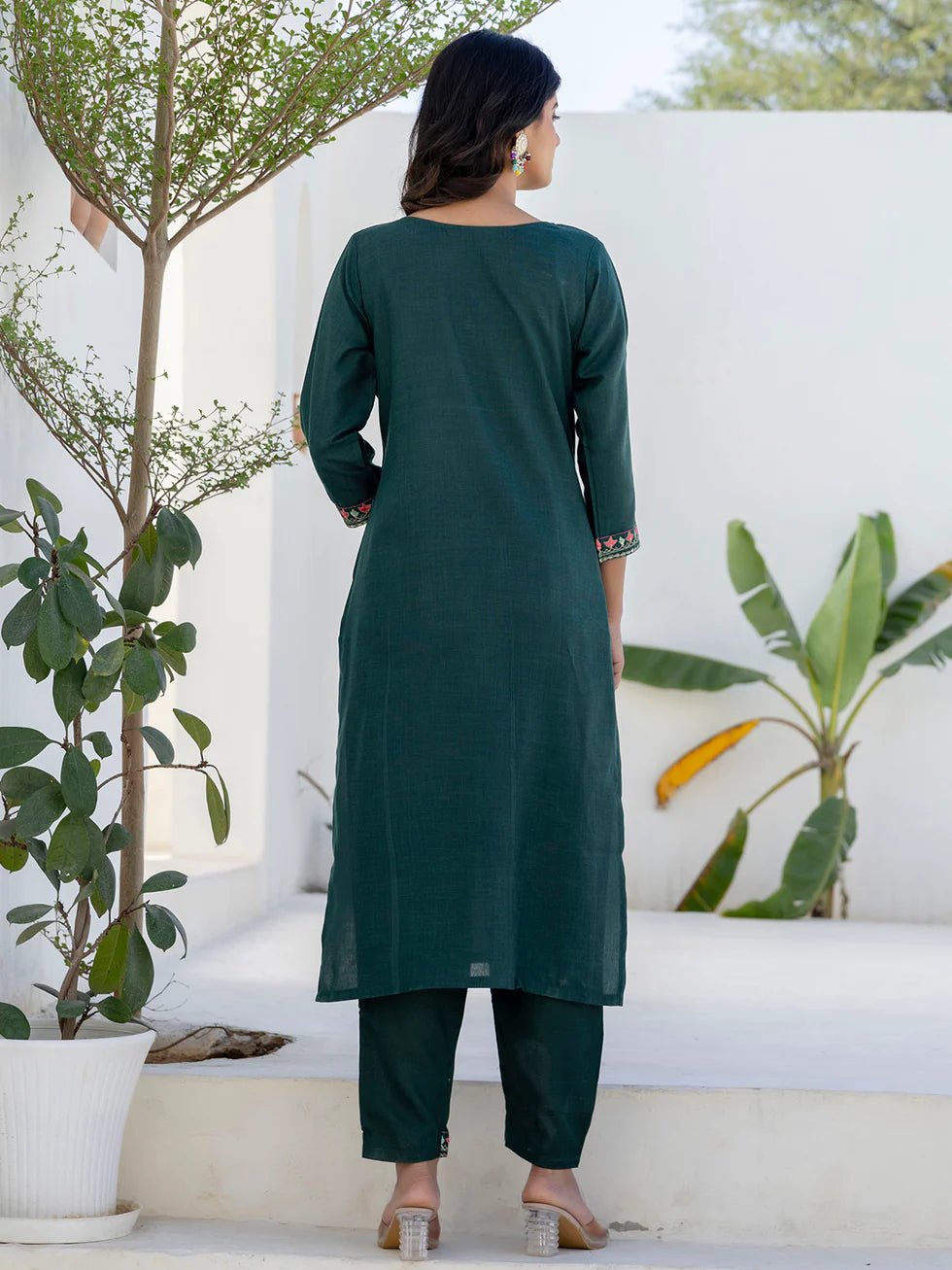 Floral Embroidered Pure Cotton Round Neck Kurta Trouser And Dupatta Set