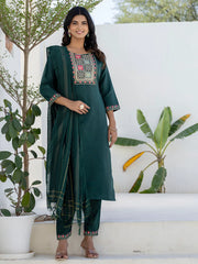 Aarohi Emerald Green Embroidered Kurta Set with Striped Dupatta