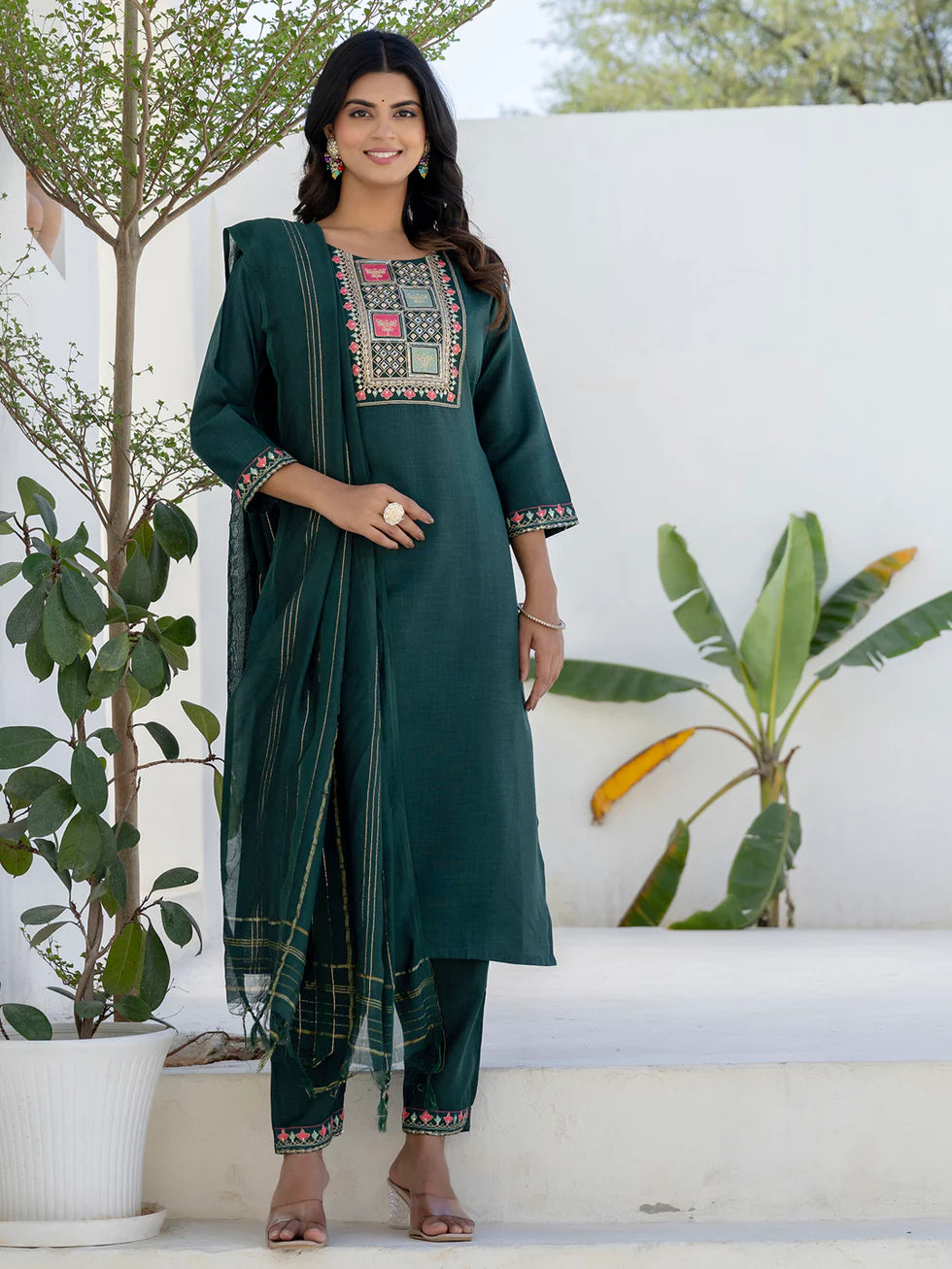 Floral Embroidered Pure Cotton Round Neck Kurta Trouser And Dupatta Set