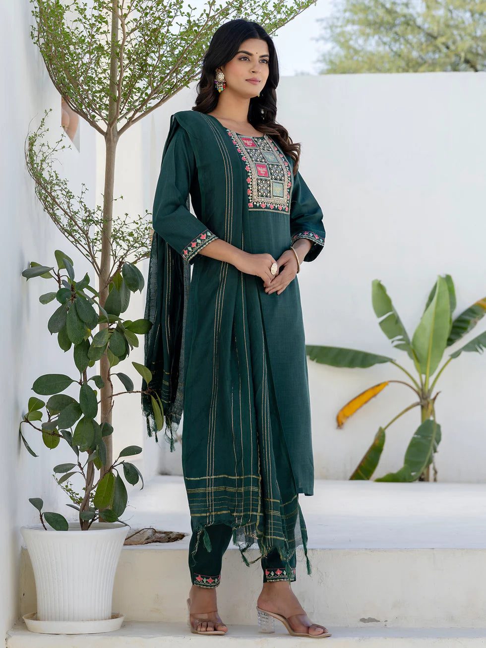 Floral Embroidered Pure Cotton Round Neck Kurta Trouser And Dupatta Set