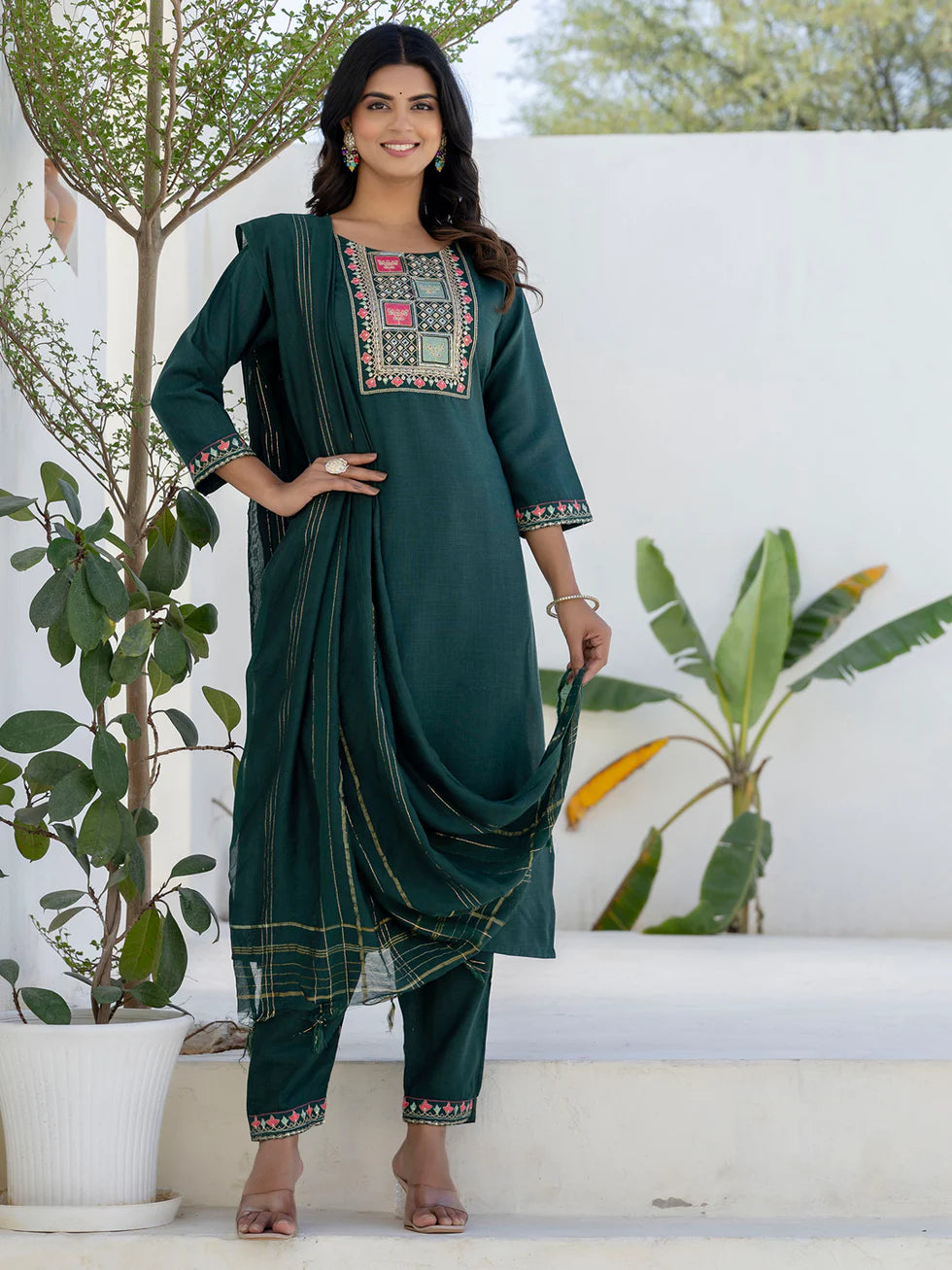 Floral Embroidered Pure Cotton Round Neck Kurta Trouser And Dupatta Set