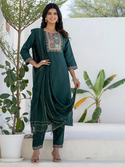 Aarohi Emerald Green Embroidered Kurta Set with Striped Dupatta