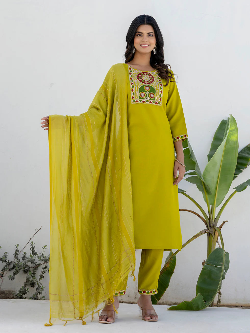 Floral Embroidered Pure Cotton Round Neck Kurta Trouser And Dupatta Set