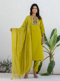 Floral Embroidered Pure Cotton Round Neck Kurta Trouser And Dupatta Set