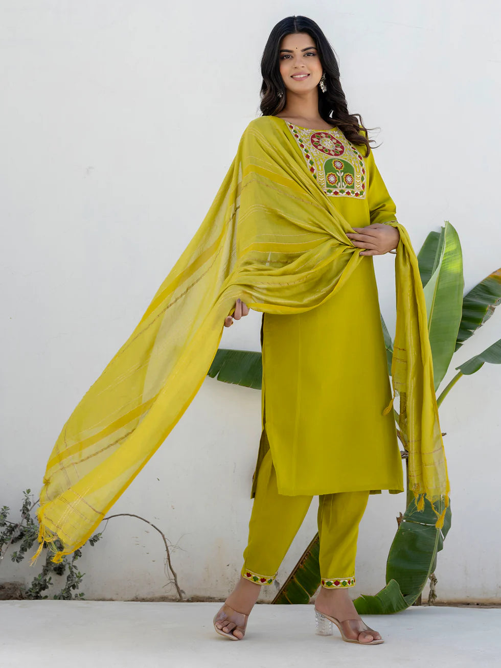 Floral Embroidered Pure Cotton Round Neck Kurta Trouser And Dupatta Set