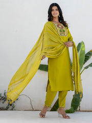 Aarohi Lemon Yellow Embroidered Kurta Set with Striped Dupatta