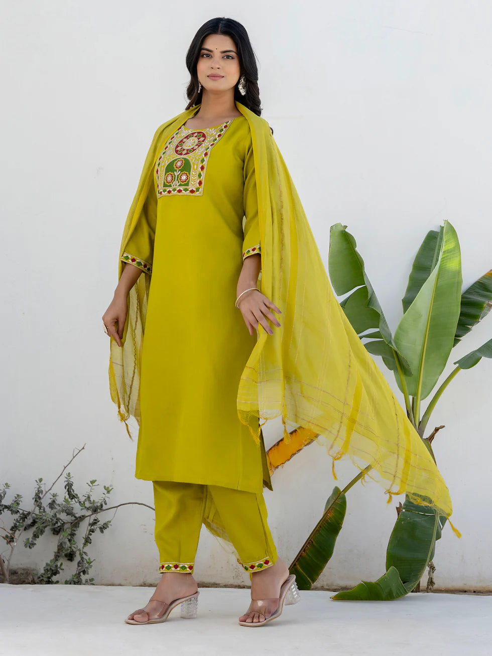 Floral Embroidered Pure Cotton Round Neck Kurta Trouser And Dupatta Set