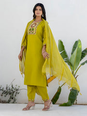 Aarohi Lemon Yellow Embroidered Kurta Set with Striped Dupatta