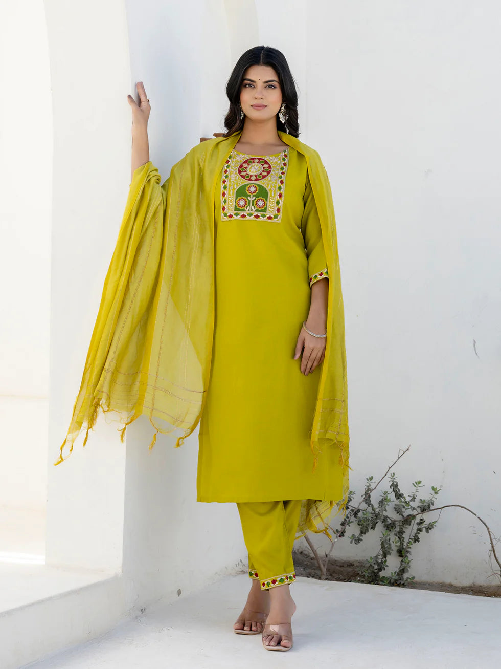 Floral Embroidered Pure Cotton Round Neck Kurta Trouser And Dupatta Set