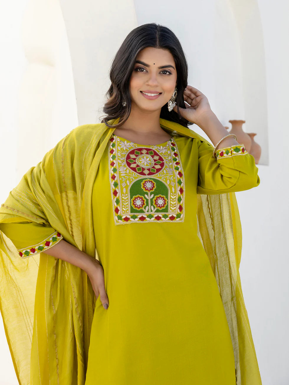 Floral Embroidered Pure Cotton Round Neck Kurta Trouser And Dupatta Set