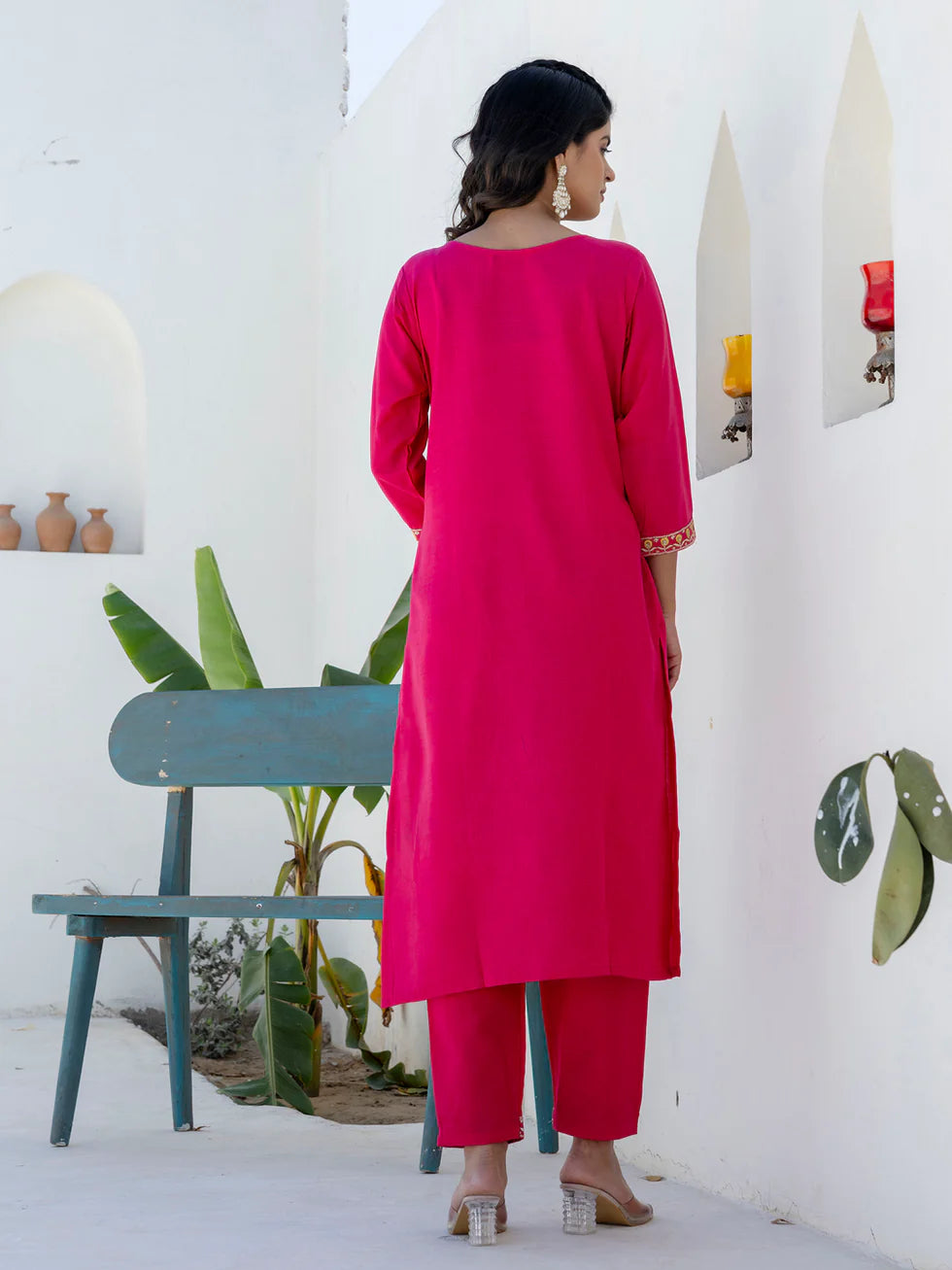 Floral Embroidered Pure Cotton Round Neck Kurta Trouser And Dupatta Set