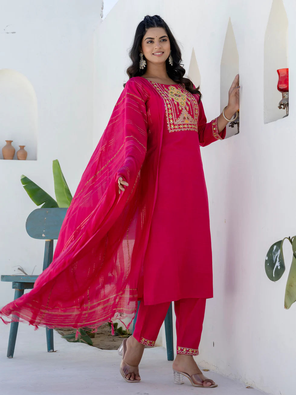 Floral Embroidered Pure Cotton Round Neck Kurta Trouser And Dupatta Set