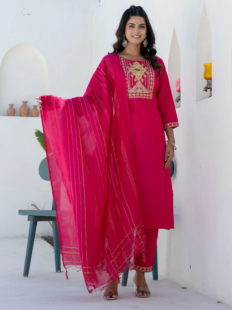 Floral Embroidered Pure Cotton Round Neck Kurta Trouser And Dupatta Set
