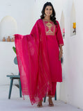 Floral Embroidered Pure Cotton Round Neck Kurta Trouser And Dupatta Set