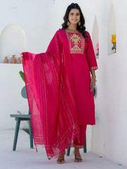 Aarohi Rani Pink Embroidered Kurta Set with Striped Dupatta