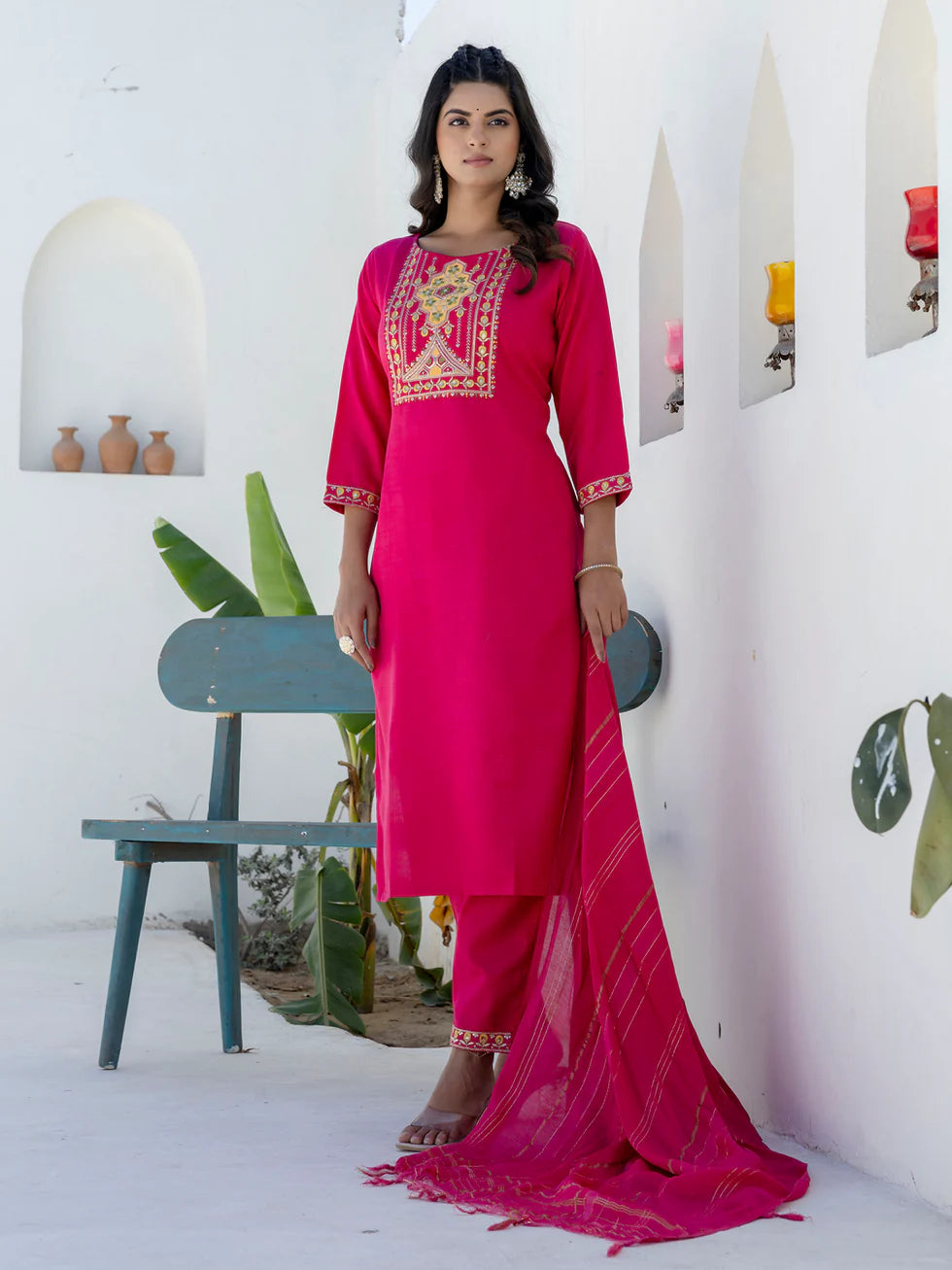 Floral Embroidered Pure Cotton Round Neck Kurta Trouser And Dupatta Set
