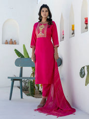 Aarohi Rani Pink Embroidered Kurta Set with Striped Dupatta