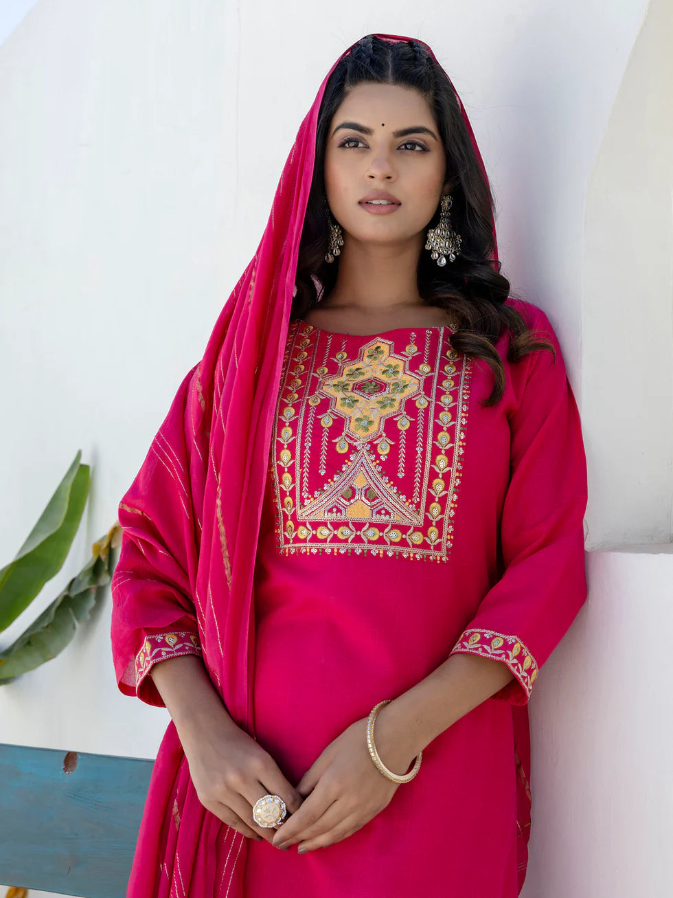 Floral Embroidered Pure Cotton Round Neck Kurta Trouser And Dupatta Set